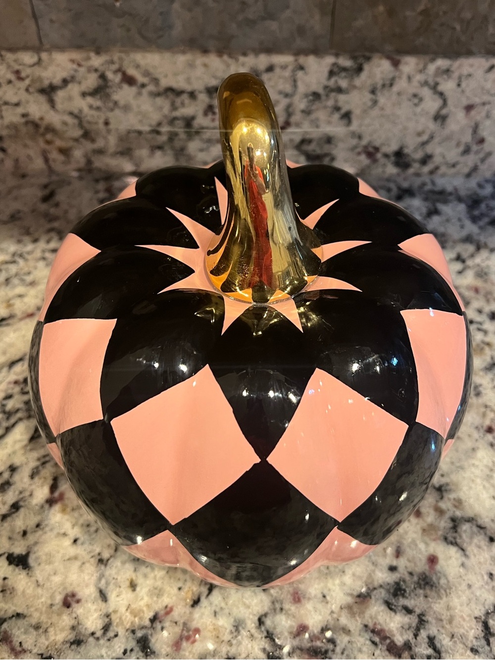 Black and Pink Harlequin Pumpkin. Glossy finish with a Gold stem. Like new! - Picture 3 of 8